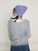 ラバーVネックダメージカットポイント長袖ニット (wool material)