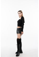 ラウンドトゥジッパーレースアップロングブーツ (Black)