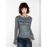 Printed ruffled check long-sleeved T-shirt