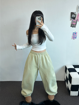 フリース/ストリング❤ベーシックルーズワイドロングパンツ 💜💙💚🤍4カラー