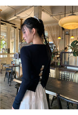 Back White Bow Long Sleeve Knit T-shirt