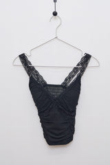Lace-Trimmed Shirred Smocked Bra Top (Black)