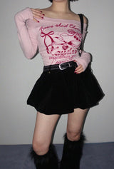 VELOUR BALLOON MINI SKIRT WITH STITCH BELT SET (BLACK)