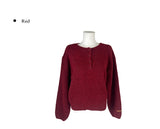 Nancy Henley Neck Button Round Patch Wool Knit
