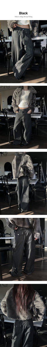 [Unisex] Stripe back strap wide pants