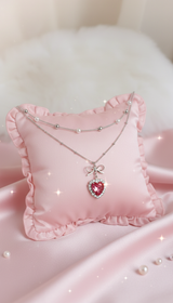 [IDLE Shuhua Necklace] ローズピンクハートプリンセスレイヤードネックレス - シルバーカラー