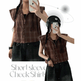 Lang2 String Cropped Check Short-Sleeved Shirt