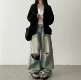Andy Knee Damage Cutting Deep Washed Denim Wide Pants