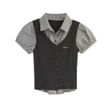 Layered Check Shirt Knit Top 231330484