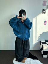 リボンパターンベルベットフードジップアップ💚💙🖤 - 3カラー