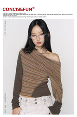 CONFUN Asymmetrical off-the-shoulder, laid-back and slimming base layer, striped knitted patchwork top