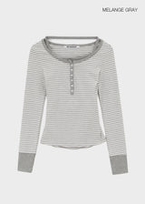 [MADE] Hiko Layered Stripe Halter Henley Neck Long Sleeve T-shirt