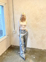 シルバーコーティングデニムロウワイドパンツ