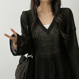 Flon Linen シースルーVネックロングスリーブTシャツ