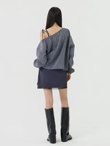 One-shoulder Blanc Ribbon Shirring Detail Top, Charcoal