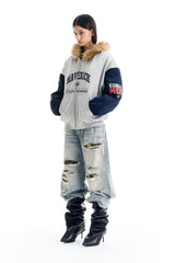 Colorblock Fleece Collar Print Jacket