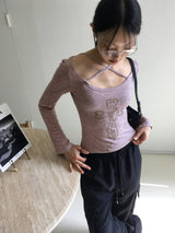 Comfo ビンテージクロスストラップディープUネック長袖Tシャツ