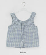 Baso Check Frill Seersucker Boat-Neck Blouse