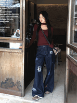 Stamp dark blue straight denim pants
