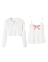 Kate Contrast Ribbon Sleeveless Cardigan Set White