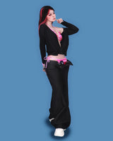pink stone black denim pants