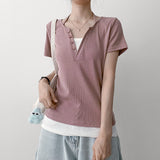 V button halterneck layered short-sleeved shirt (4 colors)
