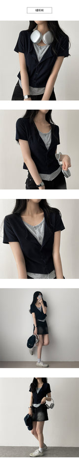 Erkin Spandex V-neck Color Layered Button Cardigan Short Sleeve T-shirt