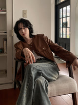 Cape round pocket leather jacket