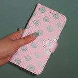 Rose Dot Pink Strawberry Milk Vintage Diary Case Leather Card Wallet Phone Case