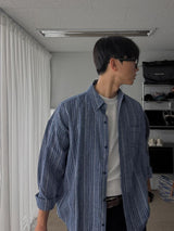 ASCLO Linen Denim Stripe Over Shirt (2color)