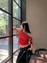 Unbalanced Color Off-Shoulder Strap Stripe Tee