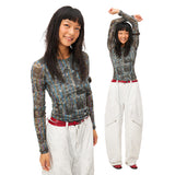 Printed slim-fitting cropped ultra-thin mesh skin garment