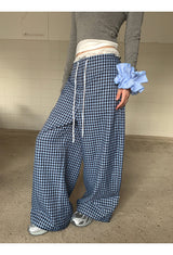 Blue Check Wide Casual Pants