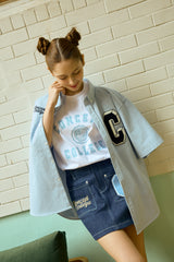 スカイブルークラシックビッグロゴクルーネックホワイトショートスリーブTシャツ [Unisex]