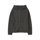 Rib Knit Hoodie Zip-Up - CHARCOAL