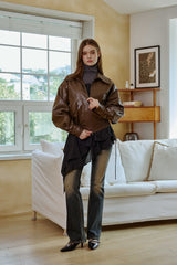 PAMELA LEATHER BOMBER JACKET / BROWN