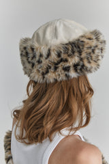 FUR EARFLAP CAP IN IVORY LEOPARD