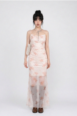 PINK BLOSSOM MESH-OVERLAY FLORAL DRESS