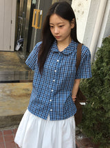 26SS★ [BAONHAUS] Krunen Linen Check Short Sleeve Shirt Blouse
