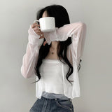 Knowing chiffon shirring crop top tank top + see-through pearl cardigan se