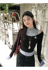リップネックレイヤードロングスリーブチェックTシャツ