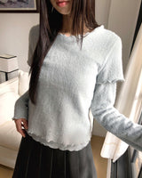 Deupin Layered Two-Way Angora Short & Long Sleeve frilled T-Shirt
