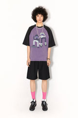 レトロウォッシュモザイクフィギュアラグラン半袖サマーTシャツ