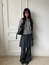 [Muffler Set/Fake Layered] チャドストライプレイヤードショートスリーブニットTシャツセット