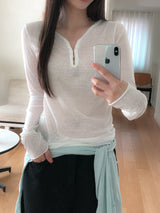 Lower See-through Hook V-Neck Long Sleeve