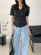 Paibee Collared Neck Shirred Blouse