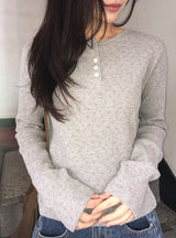 シュージフラワーワッフルヘンリーネック長袖Tシャツ