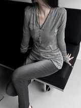 rika shirring V-neck printing T