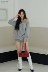 Unbalanced off-shoulder gray loose fit sweatshirt