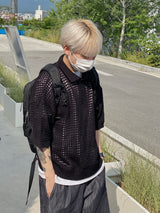 Mesh collar short sleeve knit 3C